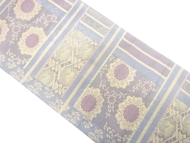 未使用品　横段に華紋・有栖川文様織り出し　袋帯